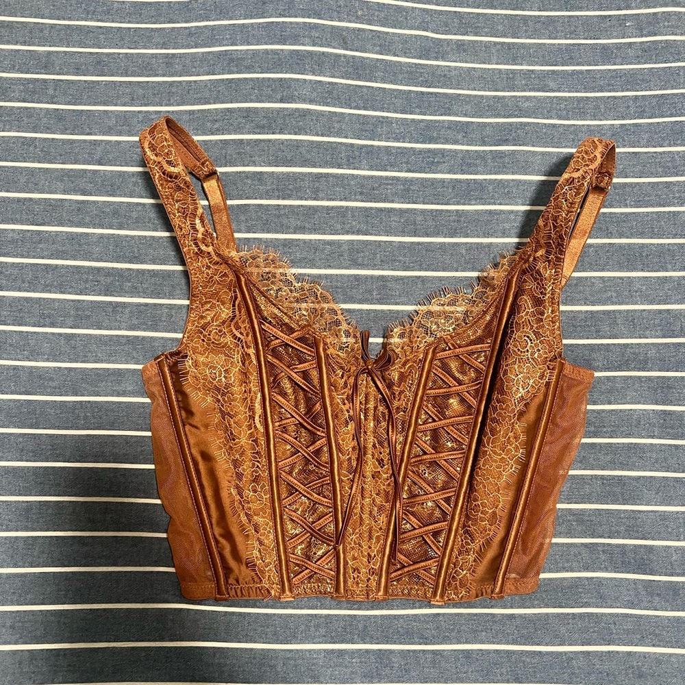Victorias Secret Tan Lace Bow Corset sz Small DD